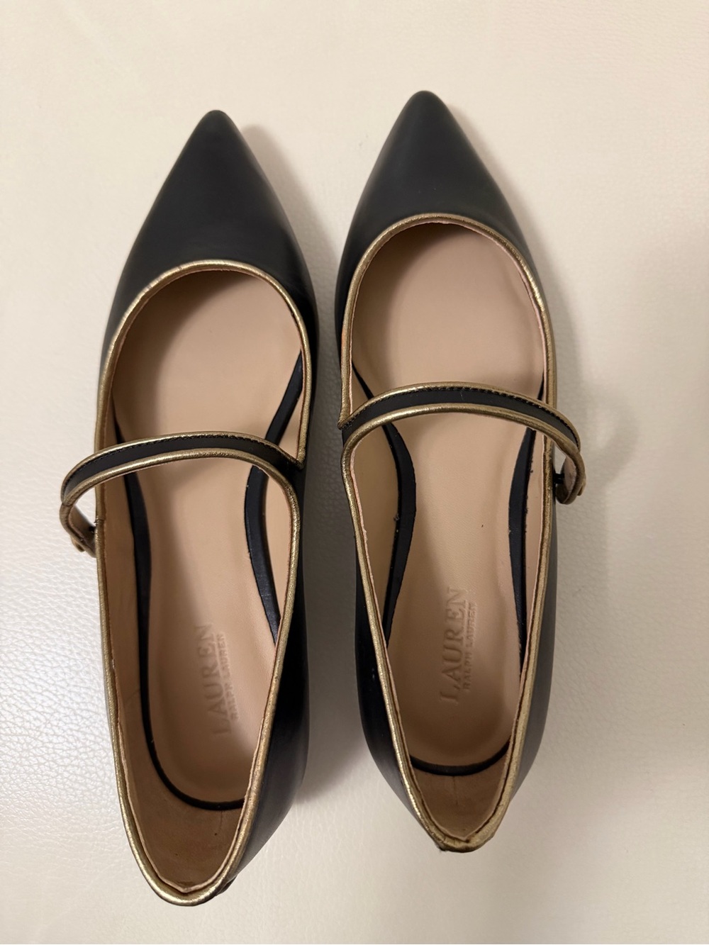 Lauren Ralph Lauren Black Pointed Mary Jane Flats with Gold Trim